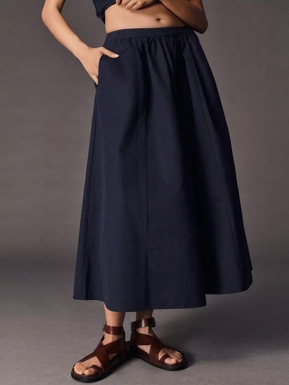 Anthropologie Maeve The Jacie Poplin Midi Skirt NWT Navy Size L Preppy Classic